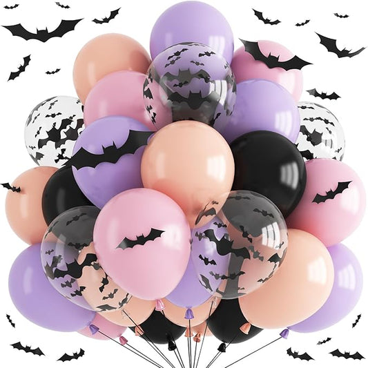 Halloween Balloon Pastel Halloween Pink Black Purple Balloons with 3D Bat Stickers Bat Print Latex Party Balloon for Girls Night Cute Ghost Spooky One Scary Birthday Baby Shower Party Decor