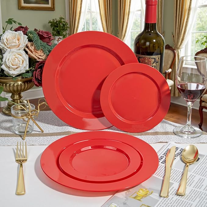 FLOWERCAT 200PCS Red Plastic Plates Disposable Plates for Party - Heavy Duty Plastic Plates - 10" &7" Plate for 100 Guests New Year Parties and Events &Christmas