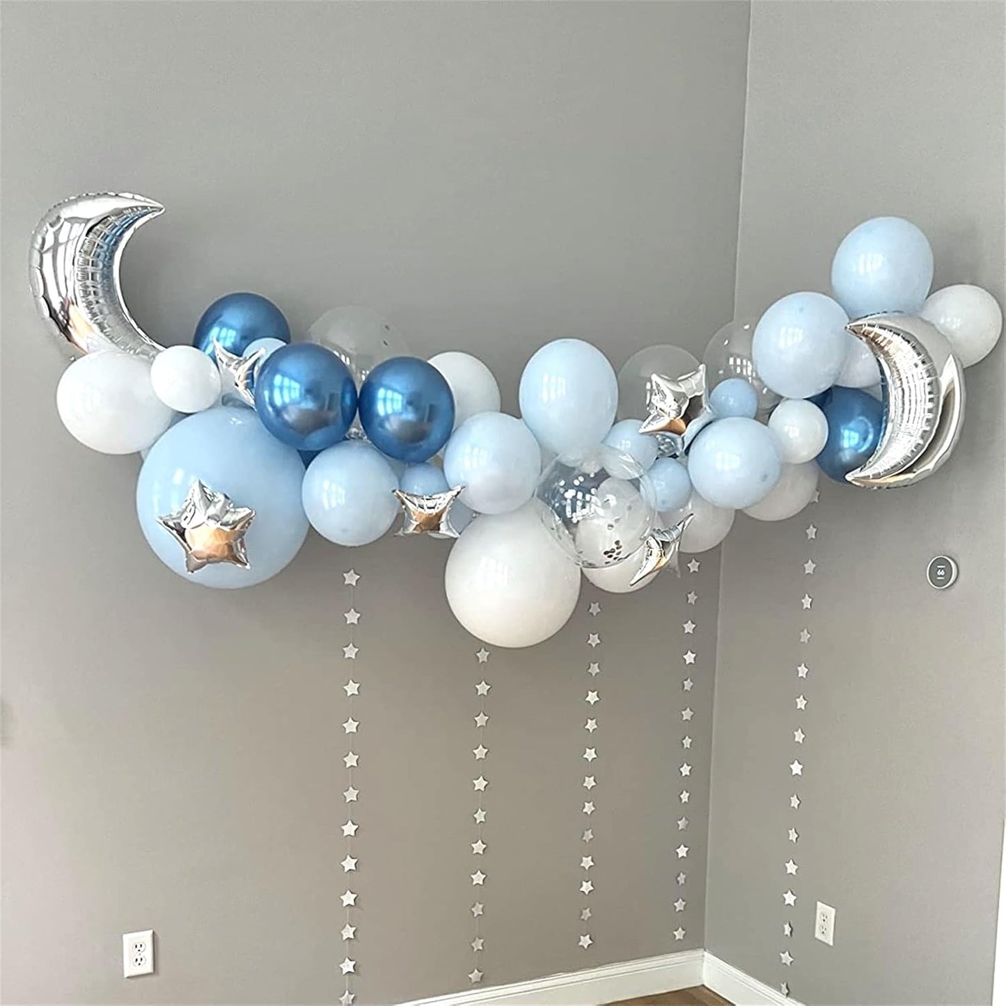 Blue and Silver Balloons, 12 Inch Metallic Blue Silver White Balloons Set, Pearl Light Blue Aqua Baby Blue Silver Confetti Latex Balloons for Boys Birthday Baby Shower Christening Party Decorations