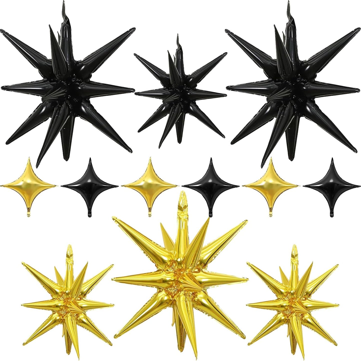 Black Gold Star Balloons 12pcs, 27/22 Inch Foil Star Explosion Balloons, Large Spike Mylar Cone Balloon, Fireworks Shape Balloon Decor for Retirement Anniversary New Year Wedding