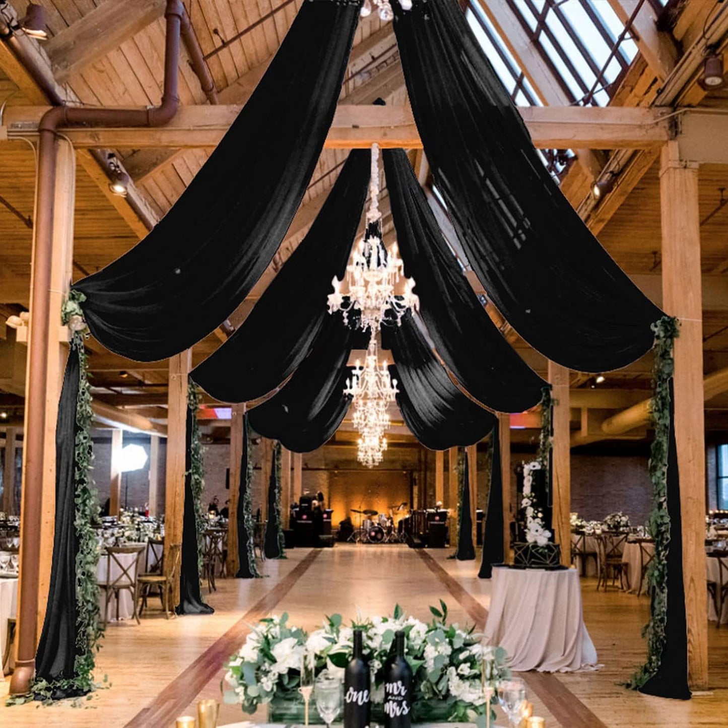 MODFUNS Black Ceiling Drapes Wedding Arch Draping Fabric 5x20ft 6 Panels Chiffon Sheer Ceiling Curtain Elegant Ceiling Draping Fabric for Wedding Ceremony Party Ceiling Decoration