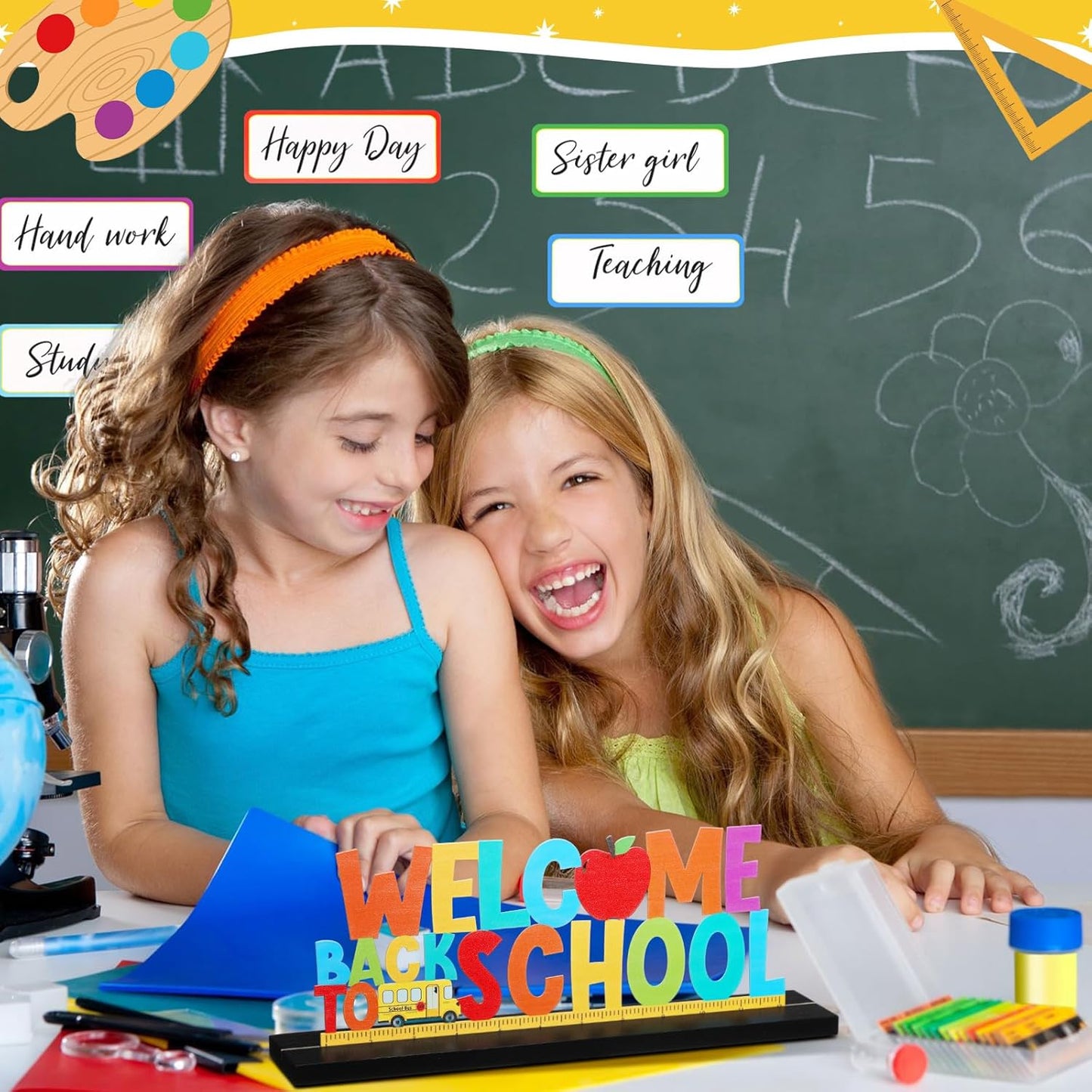 Welcome Back to School Metal Sign First Day of School Table Decor Metal Word Sign with Wooden Base for Classroom Teacher Party Favor Supplies Tiered Tray Decor Shelf Tabletop Decorations