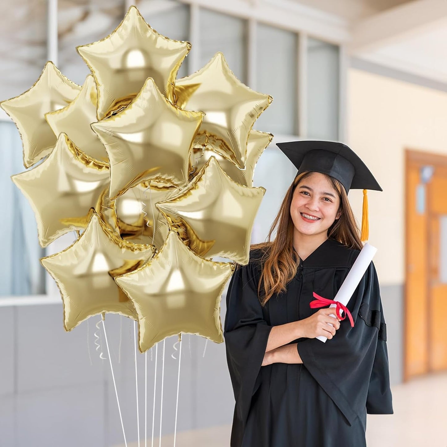Gold Star Foil Balloons, 18 Inch Light Gold Stars Shape Foil Helium Balloons, 10 Pcs Large Light Yellow Pentagram Balloon Party Decorations for Birthday Wedding Baby Shower Graduation Supplies
