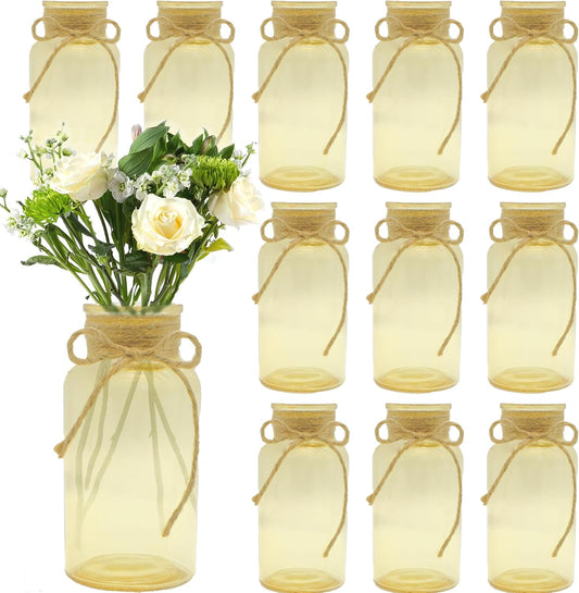 Vintage Glass Flower Vase，12 Pack Gold Amber Farmhouse Glass Centerpiece Vases Mason Jars for Weddings, Parties & Home Decor Bulk (12, Gold)