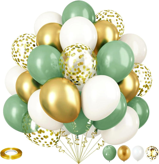 Sage Green and Gold Balloons, 12 Inch Olive Green White Metallic Gold Confetti Latex Balloons Set, Retro Green Gold Balloons for Girls Women Birthday Wedding Jungle Baby Shower Party Decorations