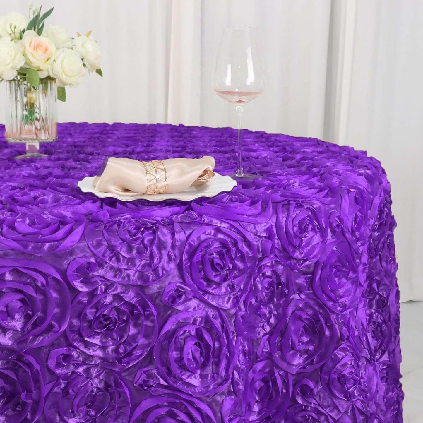 Efavormart 120" Wholesale Round Table Cover Purple Grandiose Rosette 3D Satin Tablecloth for Wedding Party Event Decoration