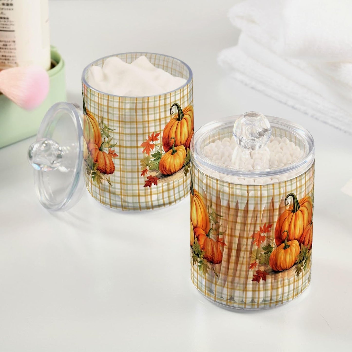 Gredecor 2 Pack Apothecary Jars with Lid Pumpkins Gingham Plaid Qtip Holder Dispenser Storage Containers Clear Plastic Rustic Fall Autumn Thanksgiving Theme Canisters for Bathroom Vanity Organization