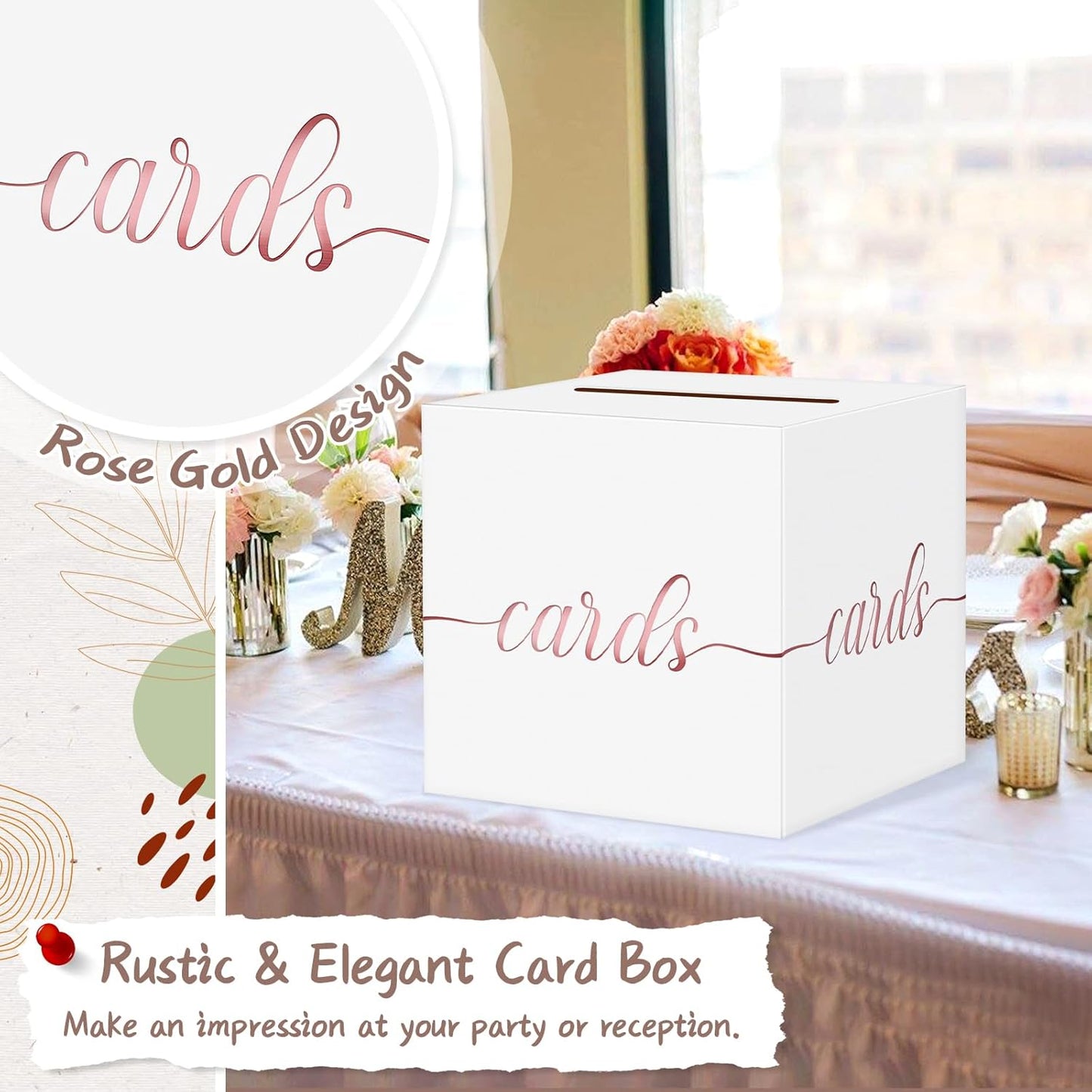 QIKSION White Wedding Card Box, Rose Gold Foil Gift Card Box for Party, Wedding Reception, Graduation, Birthday, Baby Shower, Raffle