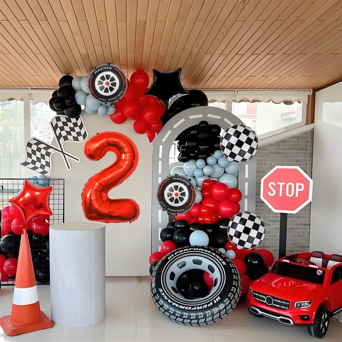 Race Car Birthday Decorations - 40 Inch Mylar Red Number 2 Balloons - Black Foil Checkered Race Car Balloons for 2st Birthday Race Cars Themed Party Decorations Supplies