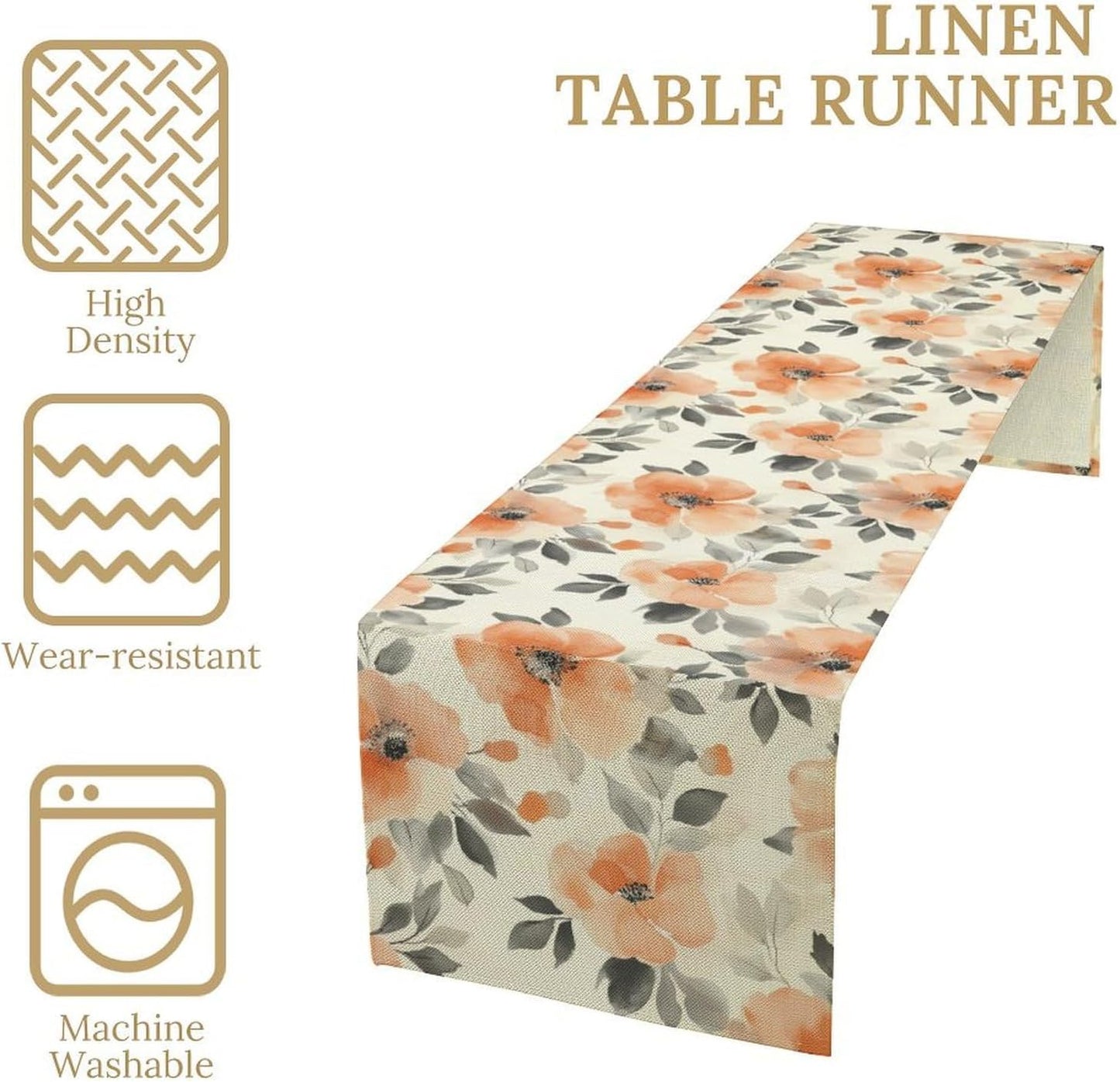 Floral Fall Table Runner, Rustic Watercolor Orange Flowers Seasonal Summer Autumn Table Runner for Kitchen Dinning Table Runner Decor Home Wedding Party Holiday, 13x108 Inch