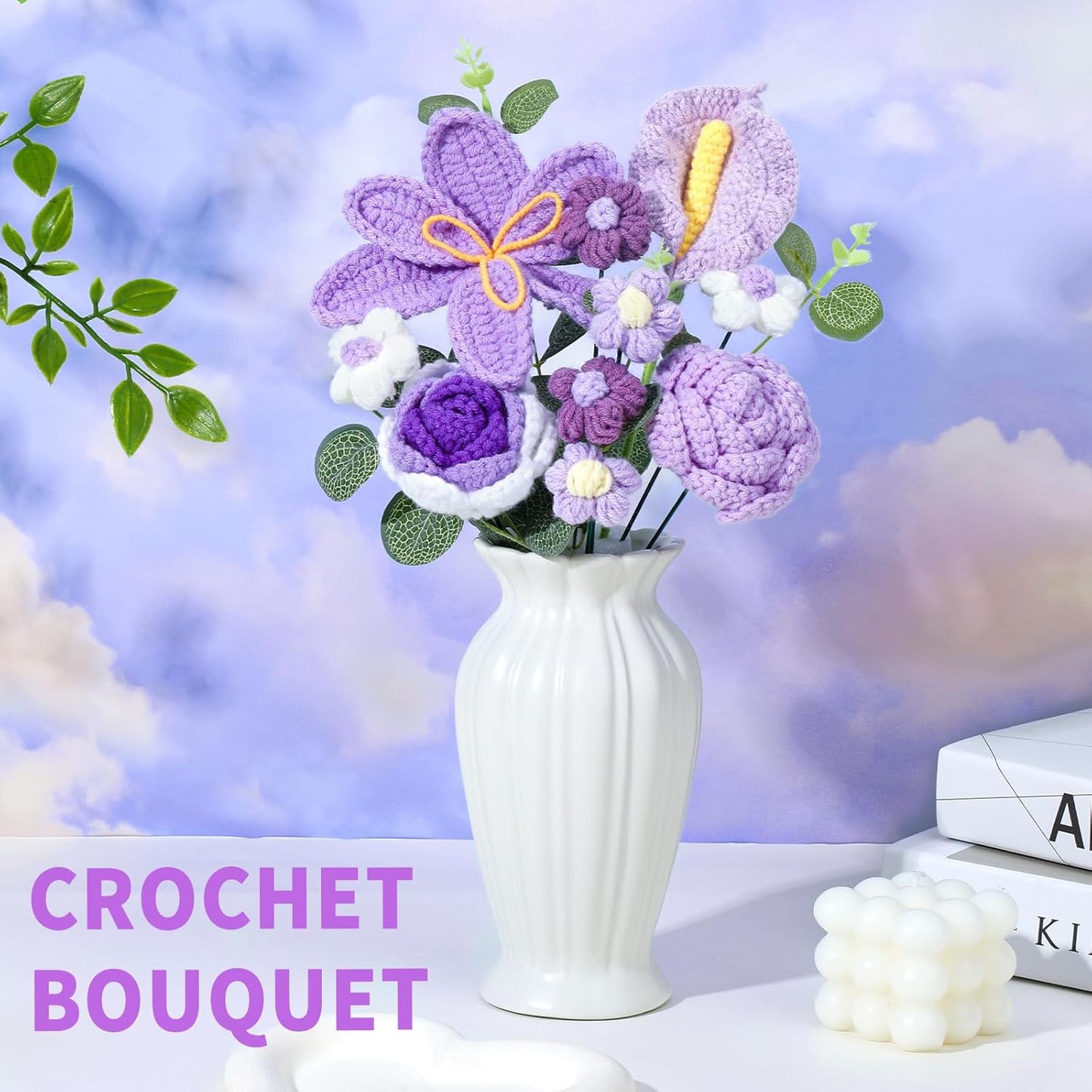 Crochet Flowers Bouquet, Handmade Knitting Crochet Flowers, Tulips Flower and Calla Lily Bouquet for Birthday, Teacher’s Day, Graduation, Valentines (Purple)