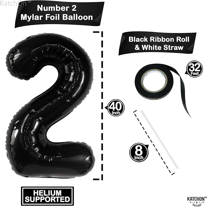 KatchOn Giant Black Number 2 Balloon - 40 Inch | Black 2 Balloon Number, Two Cool Birthday Party Decorations Boy | Black Two Balloon, 2nd Birthday Decorations for Boys