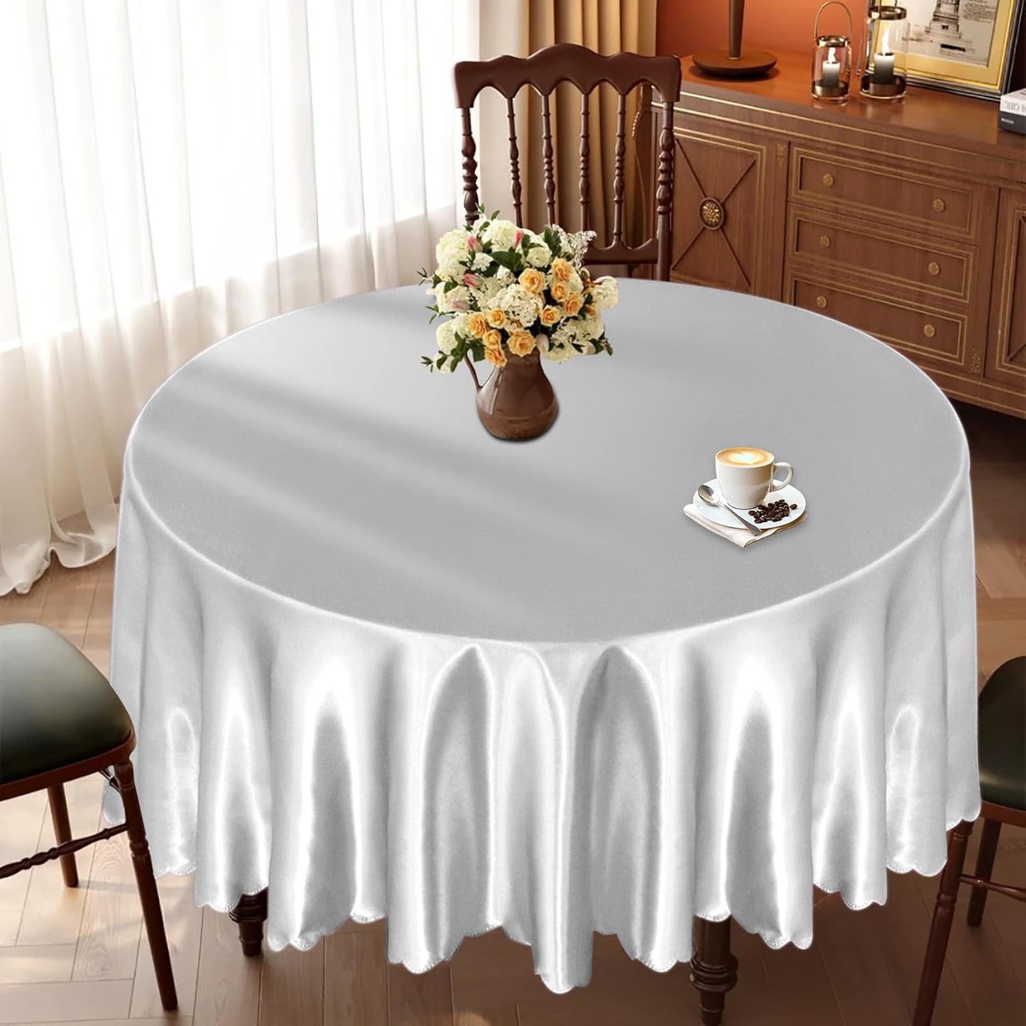 KKJIAF 1 Pack 108 Inch Round Table Cloth, Silver Overlay Round Satin Table Cover, Silky Satin Dining Tablecloths for Wedding Buffet Parties Banquet Decoration