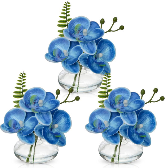Blue Orchids Artificial Flowers Faux Orchids Arrangement in Clear Glass Vases Set of 3 Real Touch Phalaenopsis Orchid Flowers Small Fake Orchid Centerpiece for Dining Room Table