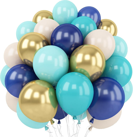 Togvu Balloon Teal and Gold, 60 Packs 12 Inch Teal Mint Green Metallic Chrome Gold and Navy Blue Balloons for Baby Shower Birthday Anniversary Communion Wedding Graduation Decorations