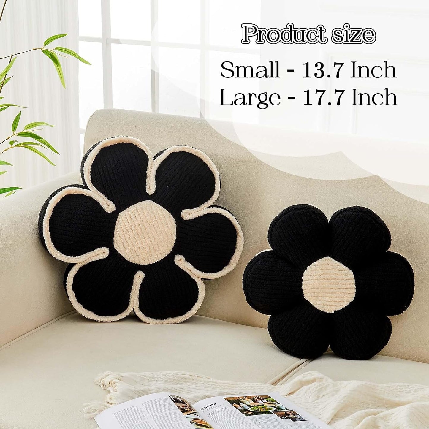 Flower Pillow, Soft Flower Decorative Throw Pillow, Cute Daisy Flower Shaped Seating Floor Cushion Room Décor Plush Pillows for Sofa Couch Bed (17.7 Inch, Black)