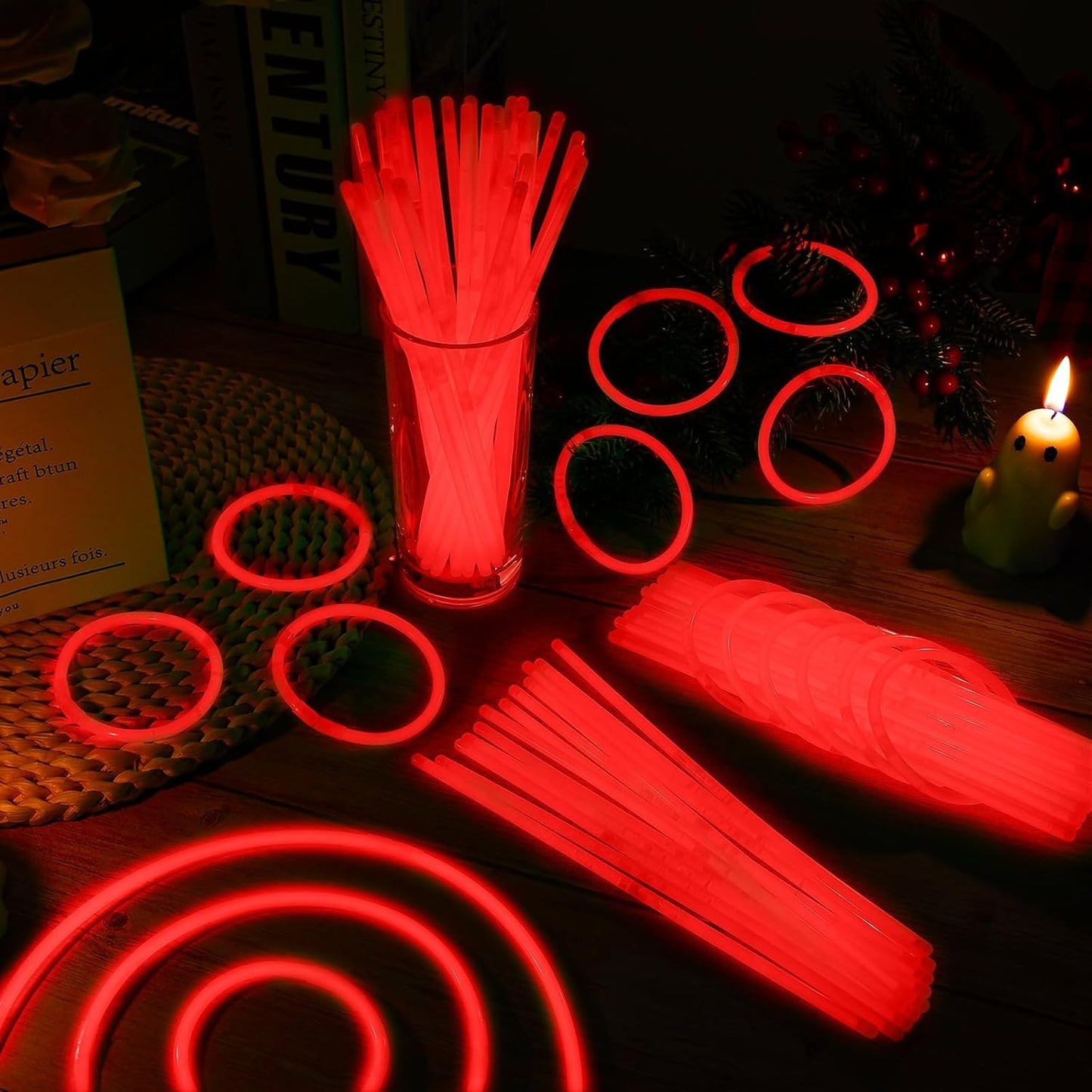 100 Pack 8” Red Glow Sticks Bulk with 100 Connectors Neon Glow In The Dark Party favors Supplies for Holiday Birthday Party Decoration (Red)