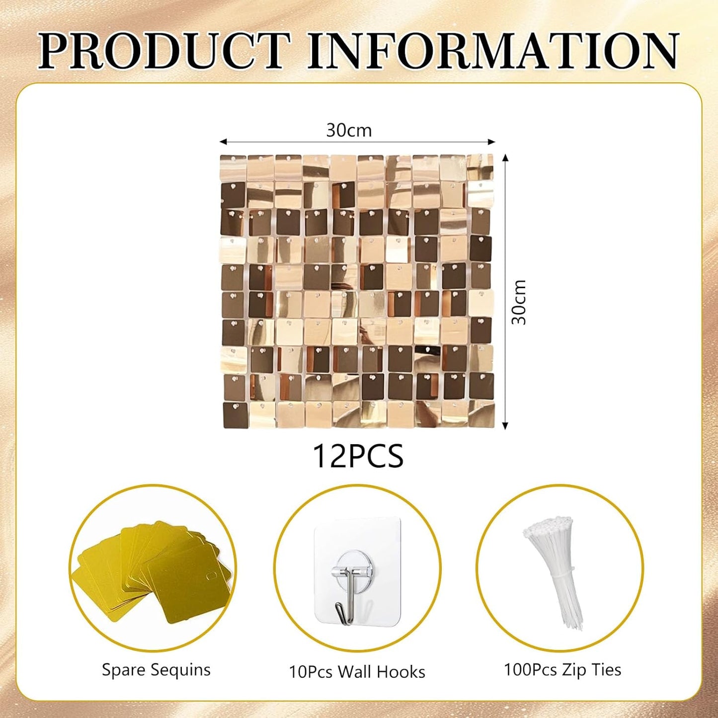 12PCS Champagne Shimmer Wall Backdrop, Square Sequin Photo Backdrops Panel, Glitter Wall Background for Birthdays, Weddings, Christmas, Engagements, Disco Bachelorette Party Decoration (3FTx4FT)