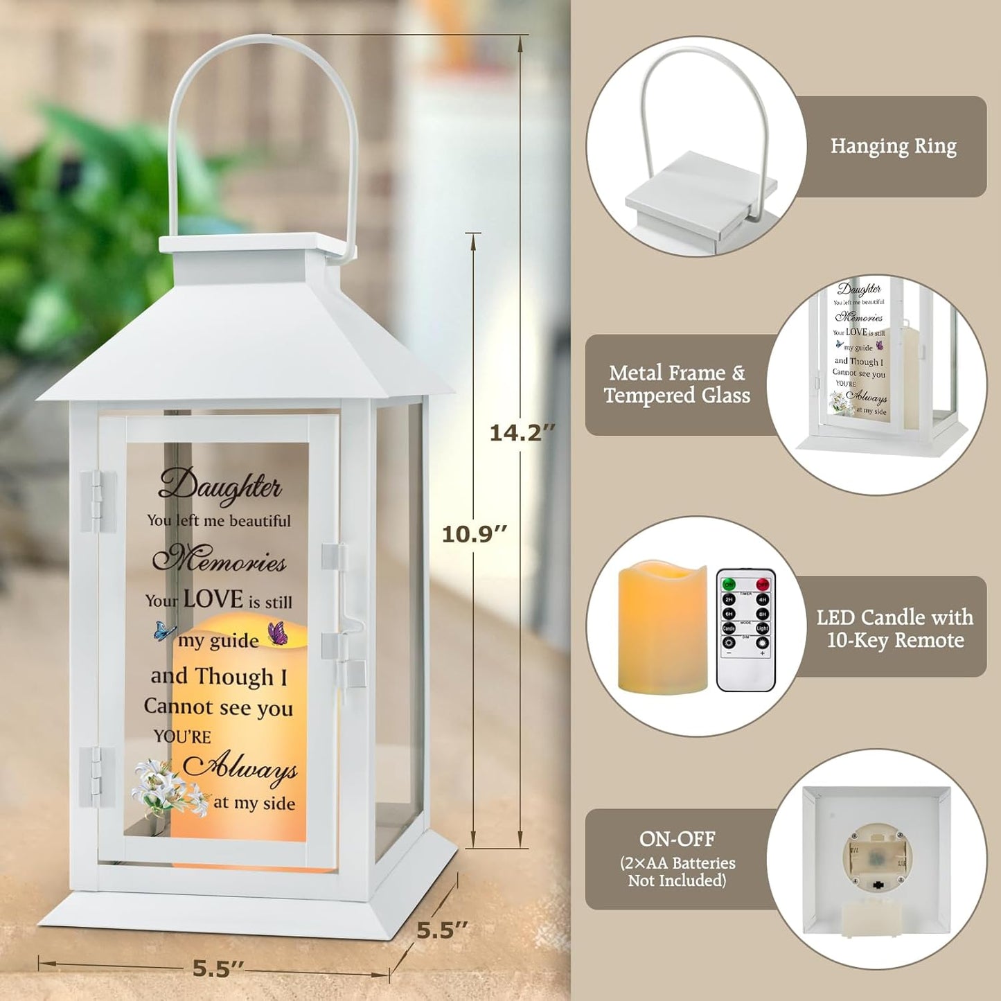 Memorial Lantern for Loss of Daughter - Sympathy Gift with LED Candle