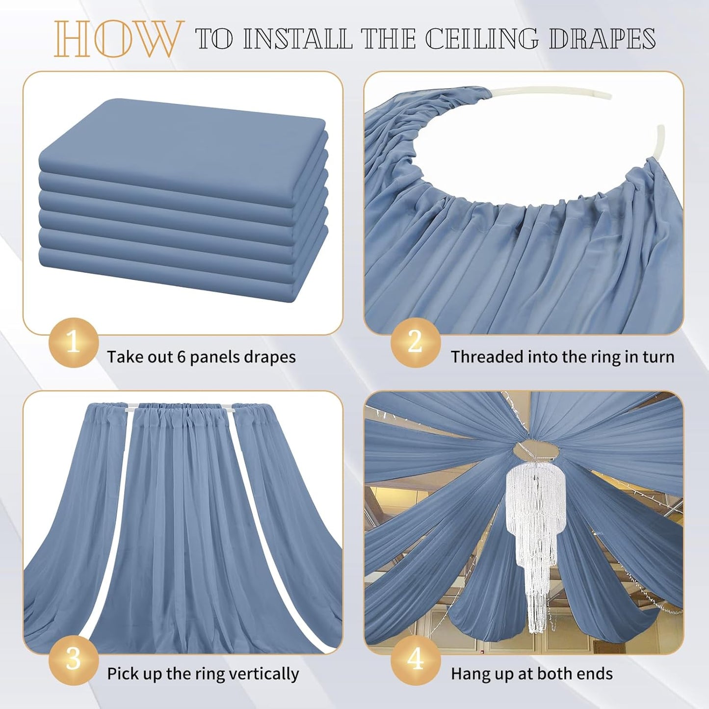 6 Panels Dusty Blue Ceiling Drapes for Wedding 5ftx20ft Chiffon Fabric Arch Draping Curtains Sheer Drapery for Party Ceremony Birthday Baby Shower Reception Stage Swag Ceiling Decorations