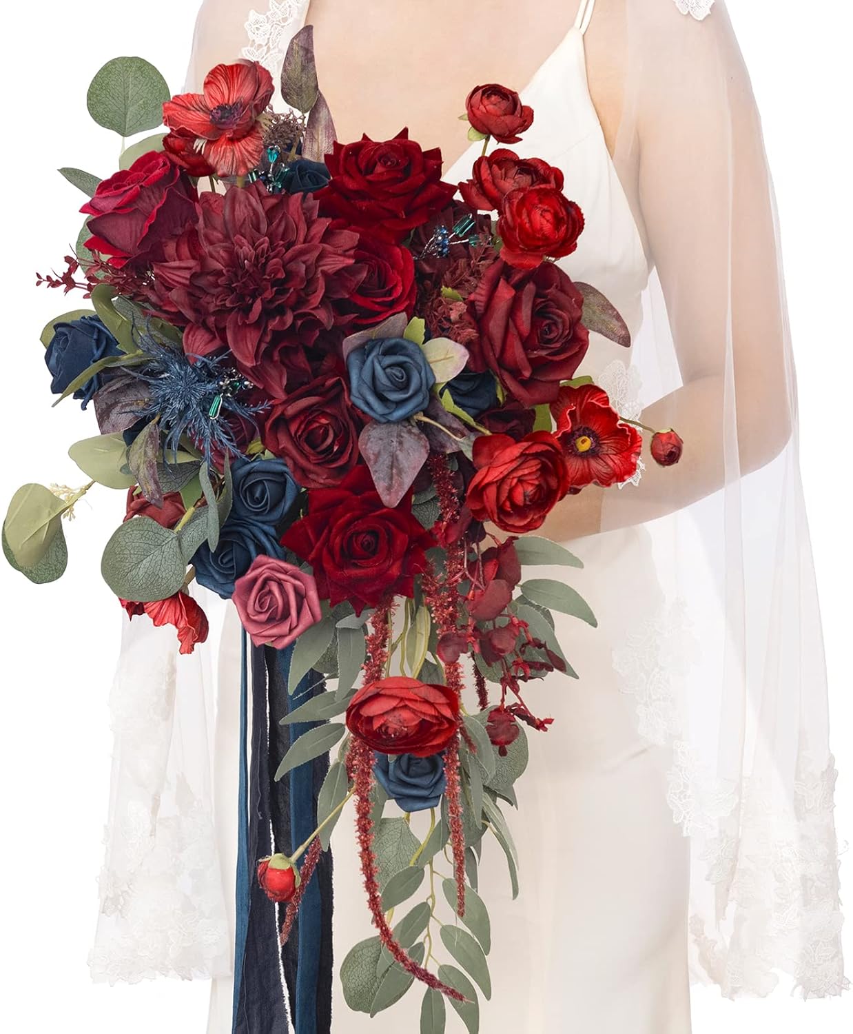 Ling's moment Navy Blue Burgandy Bridal Bouquet Cascading, Jewel Tone Wedding Bouquets for Bride, 15 Inch Bride Bouquets for Wedding Artificial Flowers Bouquets
