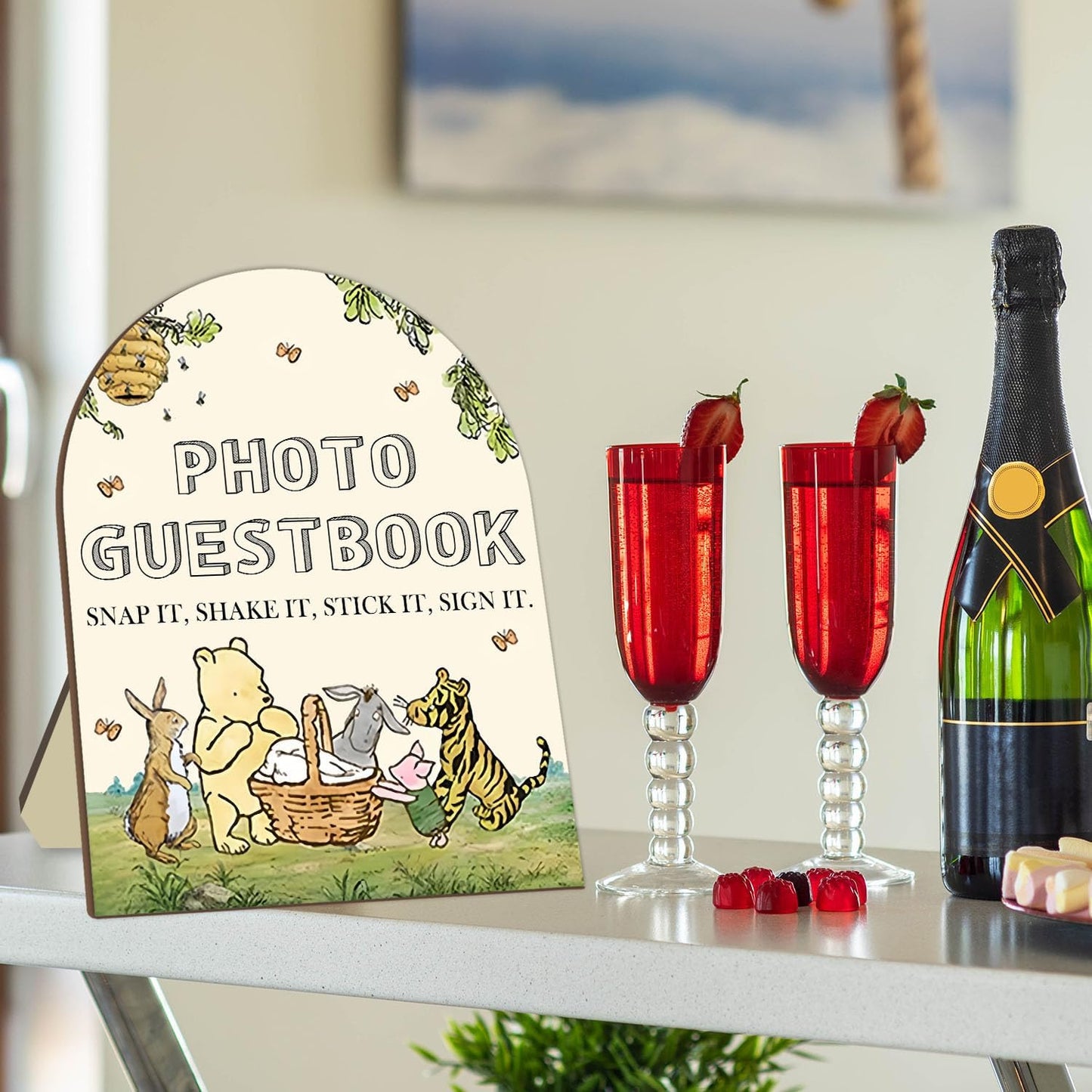 Winnie Wedding Photo Guestbook Desk Decor, The Pooh Photo Guestbook Wooden Sign, Baby Shower Party Decor, Wedding Party Supplies for Reception with Stand 8 * 10In