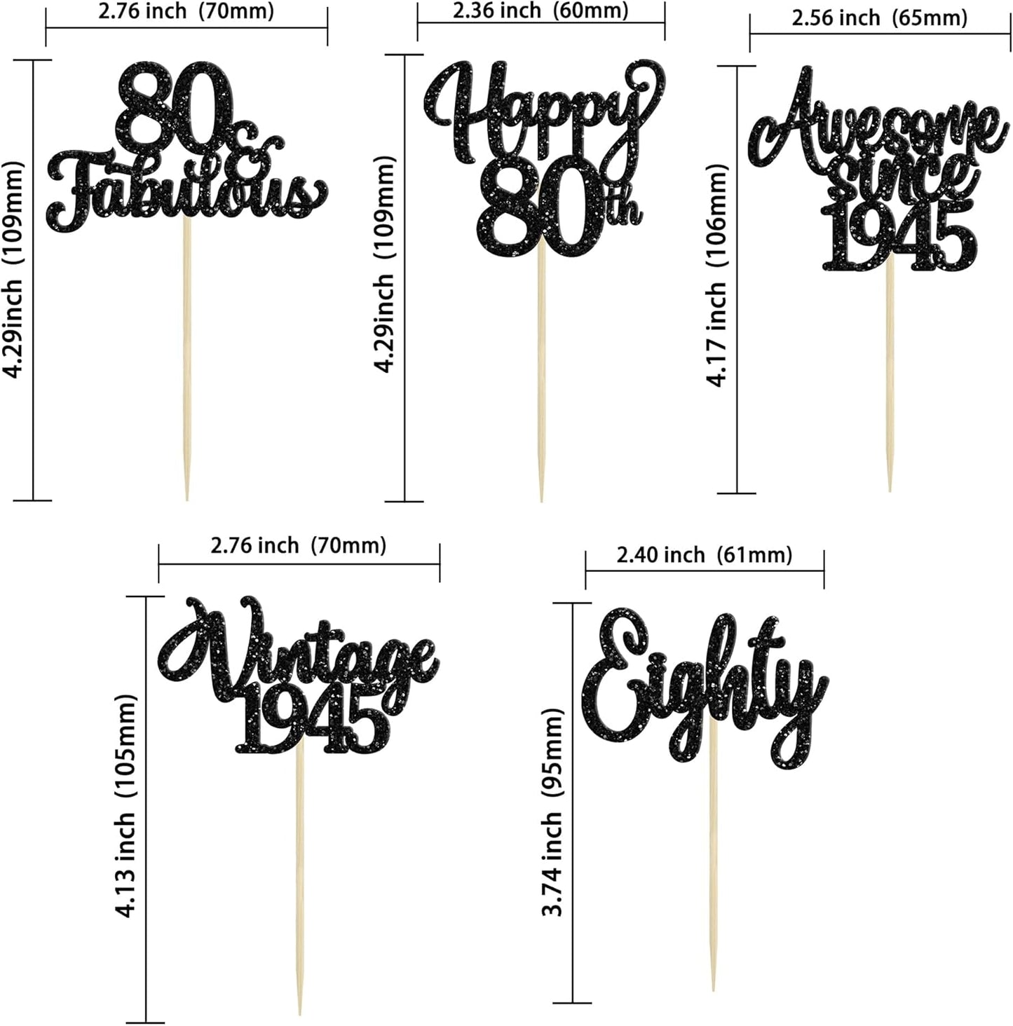 30Pcs Happy 80th Birthday Cupcake Toppers Glitter Awesome Since 1945 Eighty 80 Fabulous Vintage 1945 Cupcake Picks for 80th Birthday Anniversary Retirement Party Cake Decorations Supplies Black