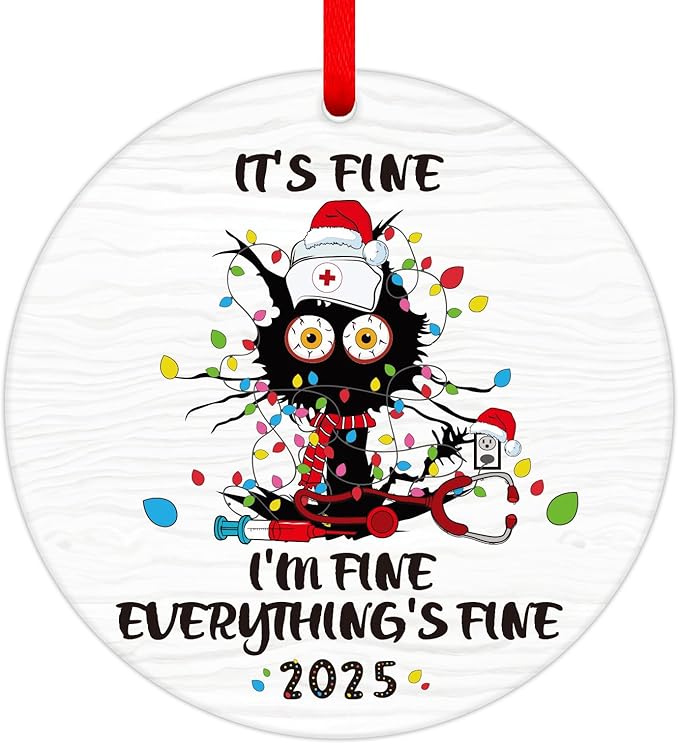 PETCEE Funny Cat Christmas Ornament 2025 - Everything's Fine Ornaments Hanging Decoration Black Cat Fire Ornaments for Christmas Tree Funny Commemorative Ornament
