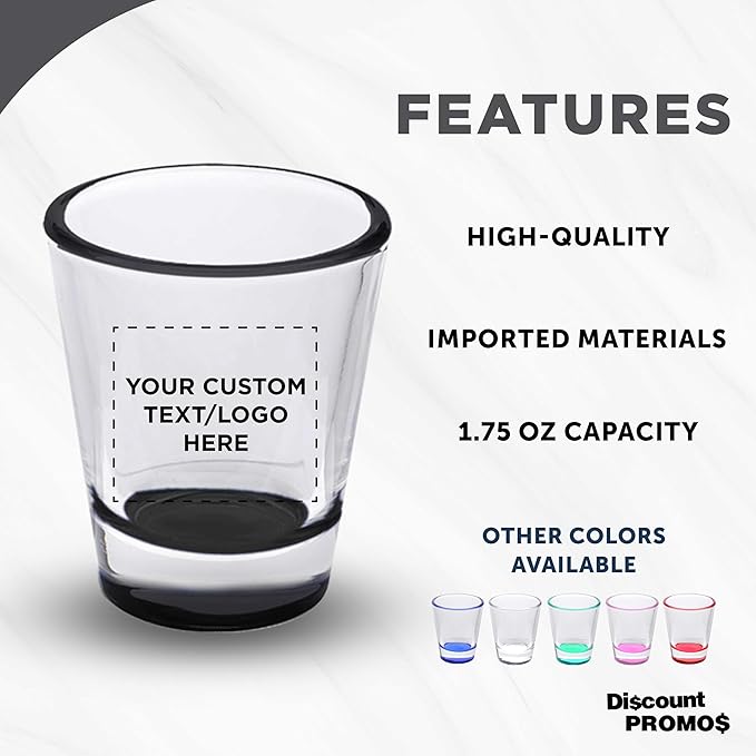 DISCOUNT PROMOS Custom Shot Glasses 1.75 oz. Set of 10/50/100, Personalized Bulk Pack - Great for Wedding Favors, Bachelorette Decorations, Party Favors - Black Bottom Color