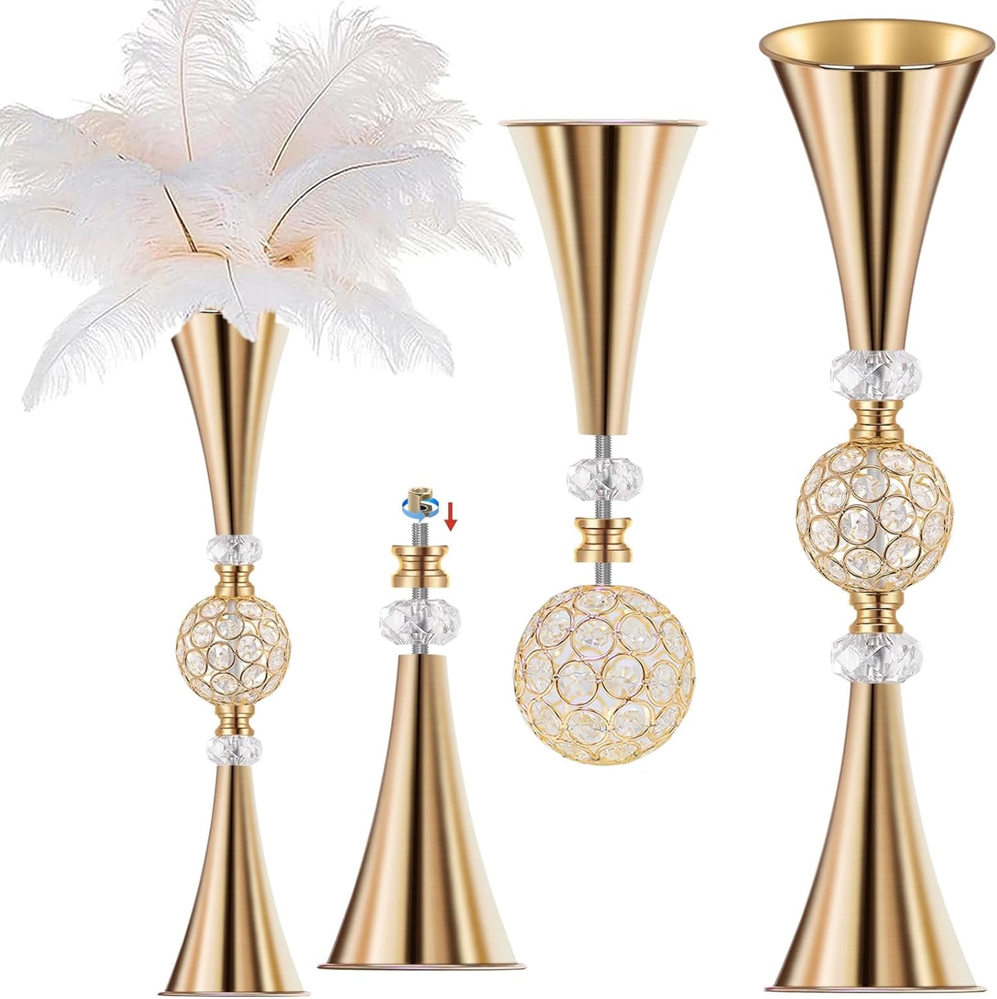 VIJIV Gold Tall Crystal Flower Vases for Centerpiece - 28'' Large Trumpet Vase for Bouquet Skinny Decorative, Table/Floor Vase Flower Stand for Party Event, Dining Table Décor, Bridal Shower, Wedding