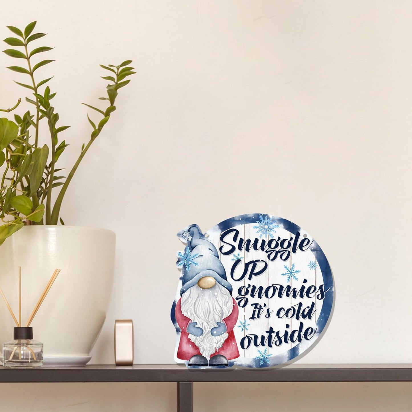 CGBHW Winter Snowflake Snowman Gnome Wooden Sign, Winter Wreath Christmas Holiday Vavy Blue Decoration Hanging Sign Wall Decor, Snuggle up Gnomies It’s Cold Outside Home Door Decor 12 x 12 Inch