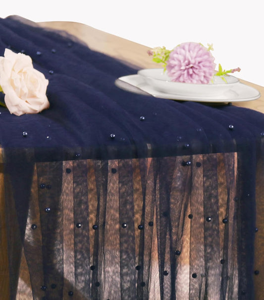 Pearl Table Runner 29 x 120 Inch Tulle Fabric Lace Table Runners Boho Rustic Tablecloth for Bridal Shower Birthday Party Wedding Arch Aisle Veil Dessert Table Decor(1 Pack, Navy Blue)