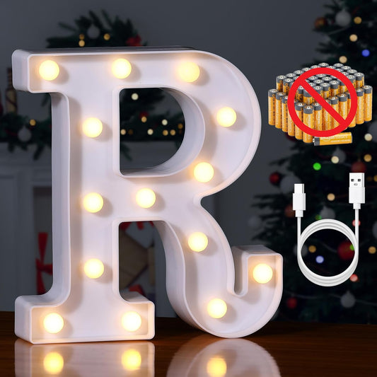 Foaky Rechargeable LED Letter Lights Sign Marquee Light Up Letters Sign for Night Light Wedding/Birthday Party Christmas Lamp Home Bar Decoration (R)