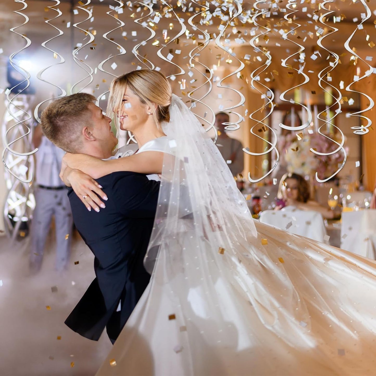 24 PCS Silver Foil Hanging Swirl, Sparkle Ceiling Hanging Decorations, Plastic Streamer Party Decorations, Swirl Decorations with Double-Swirls and Single-Swirls for Birthday, Baby Shower, New Years