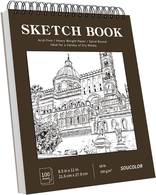 Soucolor Sketchbook 8.5x11 Hard Cover - 100 Sheets Spiral Bound Sketch Pad 8.5" x 11", 68lb/100gsm Thick Drawing Paper 8.5" x 11", Acid-Free Art Notebook for Kids Adults Classroom Teacher Must Have