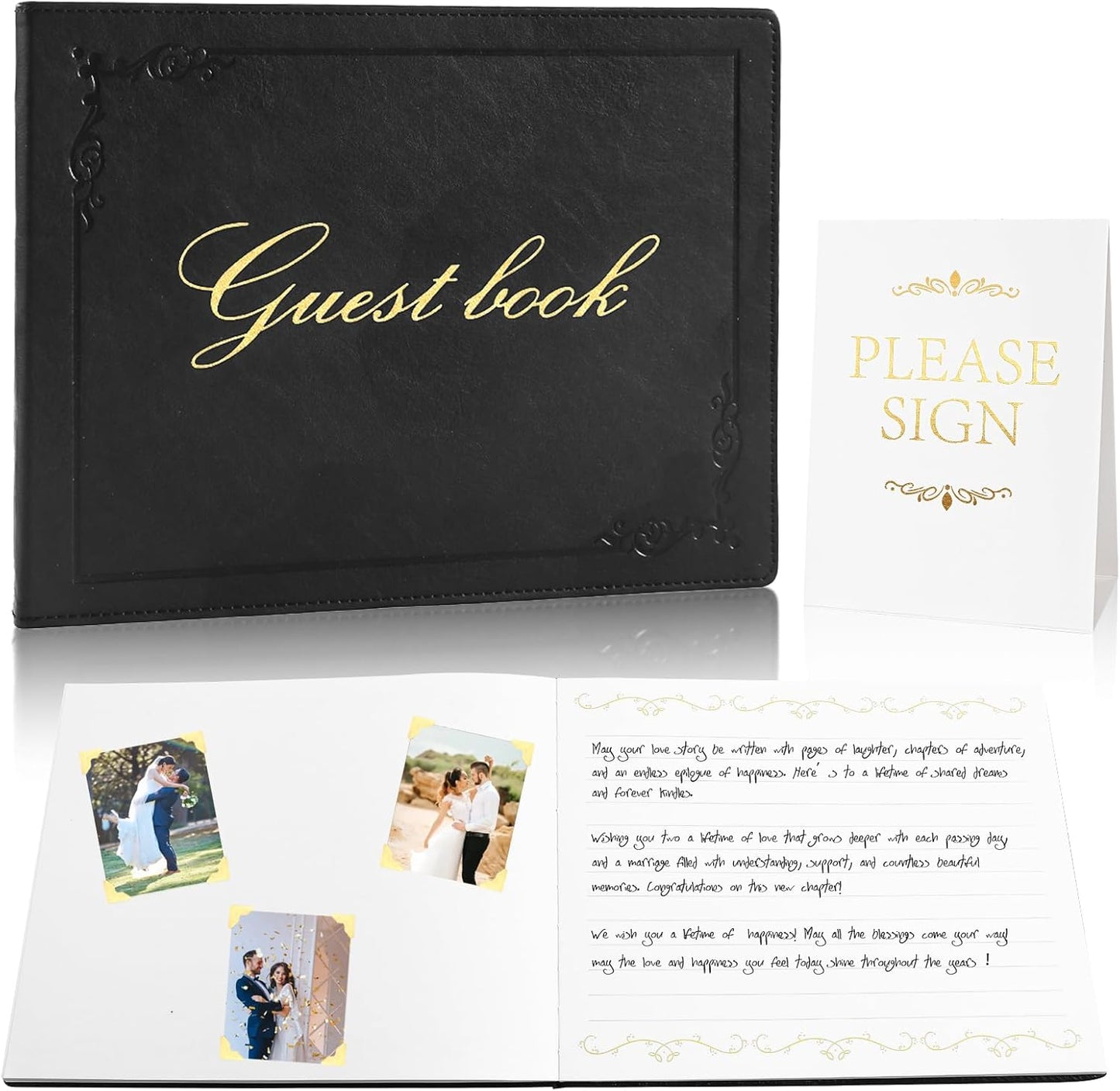 8x10 Leather Guest Book and Standup Sign Set, Gold Foiled Cover Registry Book for Wedding Reception, Retirement Party, Vacation Homes and Events, 120 Pages (Black)