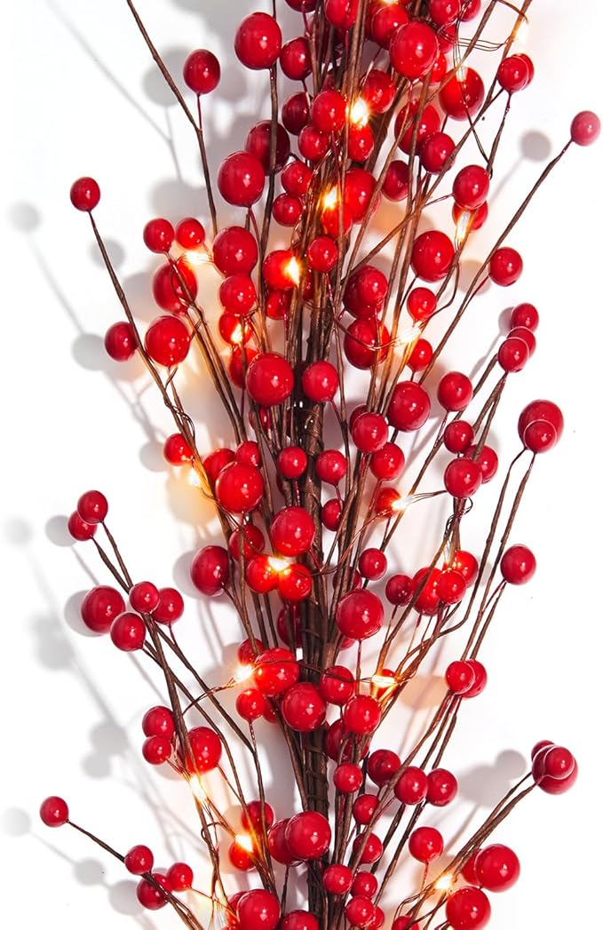 LampLust Lighted Garland, 6 Ft Red Berry Garland, 100 LED Lights, Spring Garland for Mantle All Year Round, Battery Powered, Timer Included, Farmhouse Decor, Table Top Decor for Dining Room