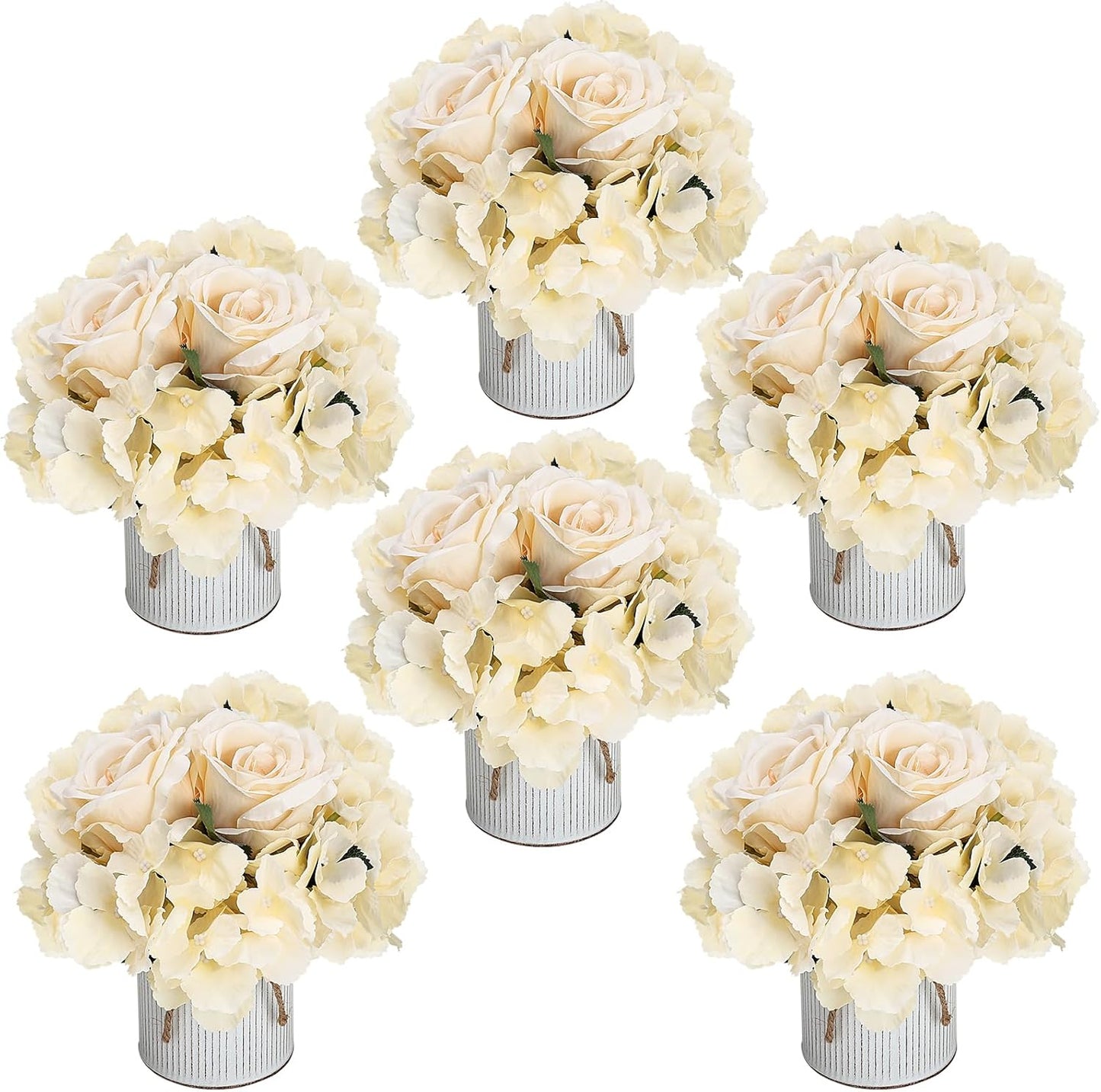 Flower Table Centerpieces - Set of 6 Floral Arrangement Artificial Wedding Hydrangeas Floral Arrangement with Rustic Metal Vase for Bridal Tea Party Event Decorations - Champagne