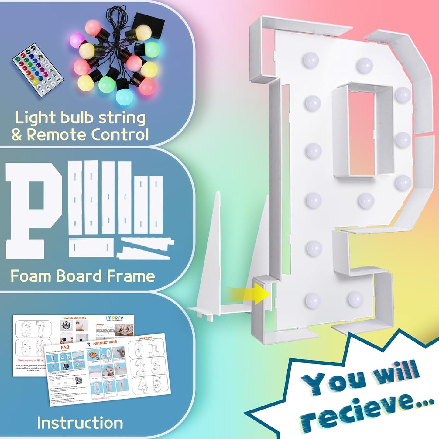 imprsv 4FT Colorful Marquee Light Up Letters P, 18 Colors Light Up Letters Alphabet Sign with Remote, Giant Letters for Events, Large Sign for Birthday Engagement Anniversary Wedding Party Decor