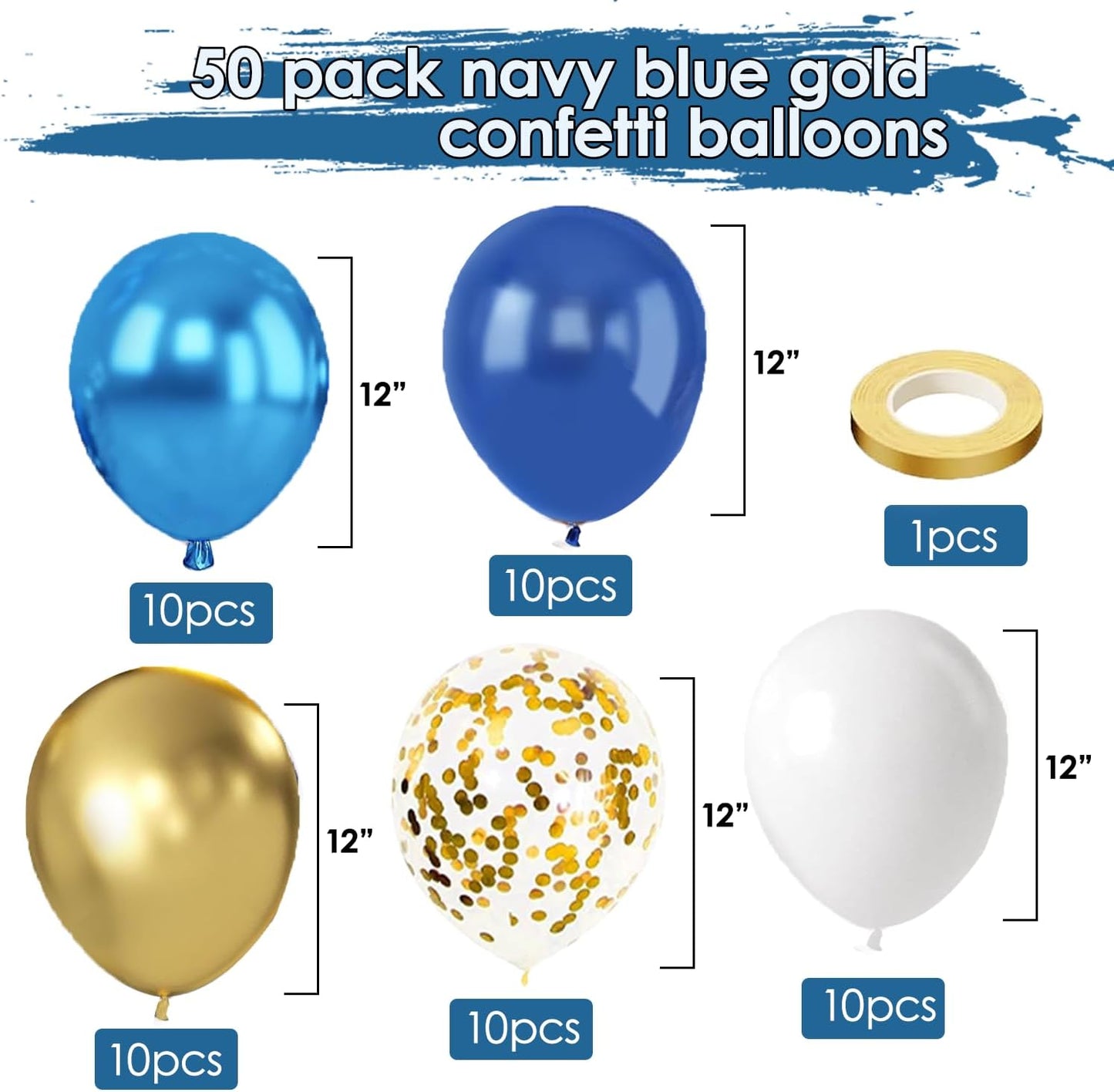 Navy Blue and Gold Confetti Balloons, 50pcs 12 Inch Metallic Blue Latex Confetti Balloons Matte White Latex Balloons with 33 Feet String for Birthday Wedding Gender Revea Decorations