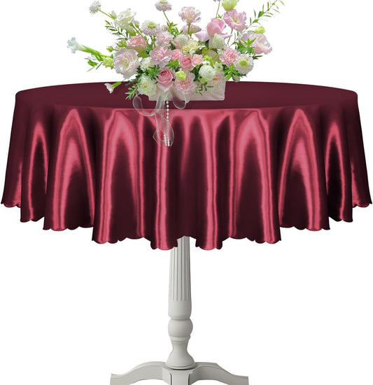 KKJIAF 1 Pack 60 Inch / 5ft Round Table Cloth, Burgundy Overlay Round Satin Table Cover, Silky Satin Dining Tablecloths for Wedding Buffet Parties Banquet Decoration