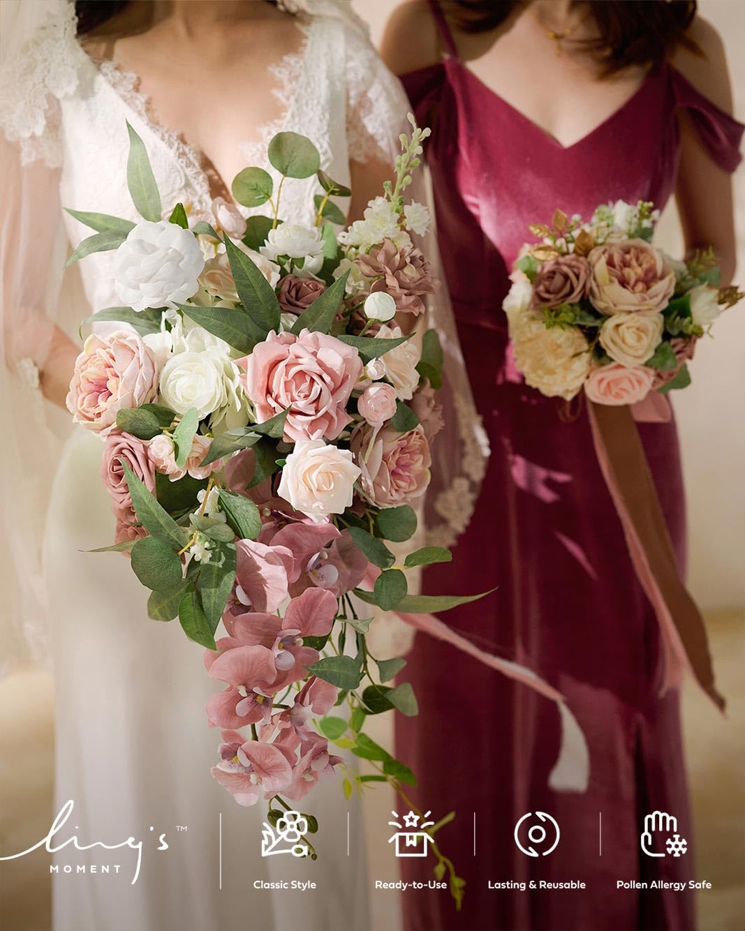 Ling's moment Dusty Rose Bridal Bouquet Cascading, Pink Wedding Bouquets for Bride, 15 Inch Bride Bouquet Orchids Artificial Wedding Flower Bouquet