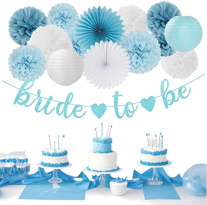Dusty-Blue White Bridal-Shower Bachelorette Party-Decorations - 22pcs Girls Bride To Be Banner, Light Paper Lanterns Streamers, Tissue Pom Poms Flowers Fans Wedding Decor Backdrop Hugmoon