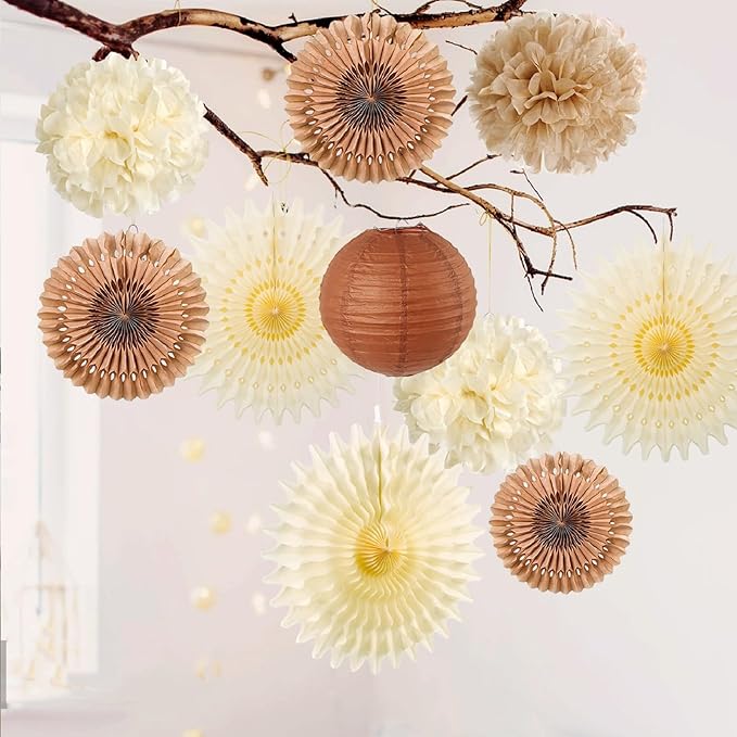 SUNBEAUTY 10 Pcs Brown Party Decorations Rustic Paper Natural Birthday Party Decorations Hanging Lanterns Tissue Paper Pom Poms Cream Folding Fans Kit for Girl Women