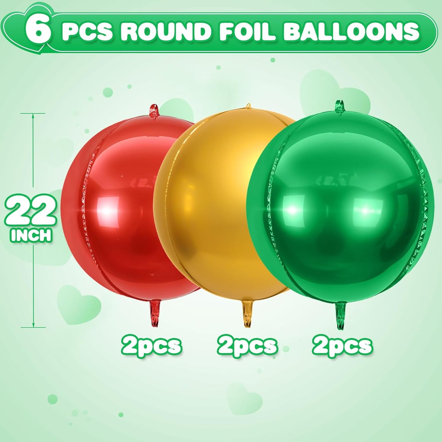 6Pcs Red Green Gold Round Foil Balloons,Giant 4D Round Ball Balloon,22 Inch Balloons for Christmas Birthday Wedding Baby Shower Party Decoration
