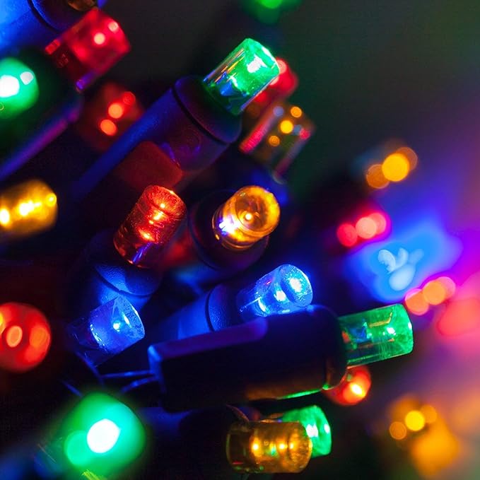 70 Multicolor 5mm LED Christmas Lights, 24 ft Green Wire Wide Angle Mini String, Commercial Grade Outdoor Tree & Holiday Lighting