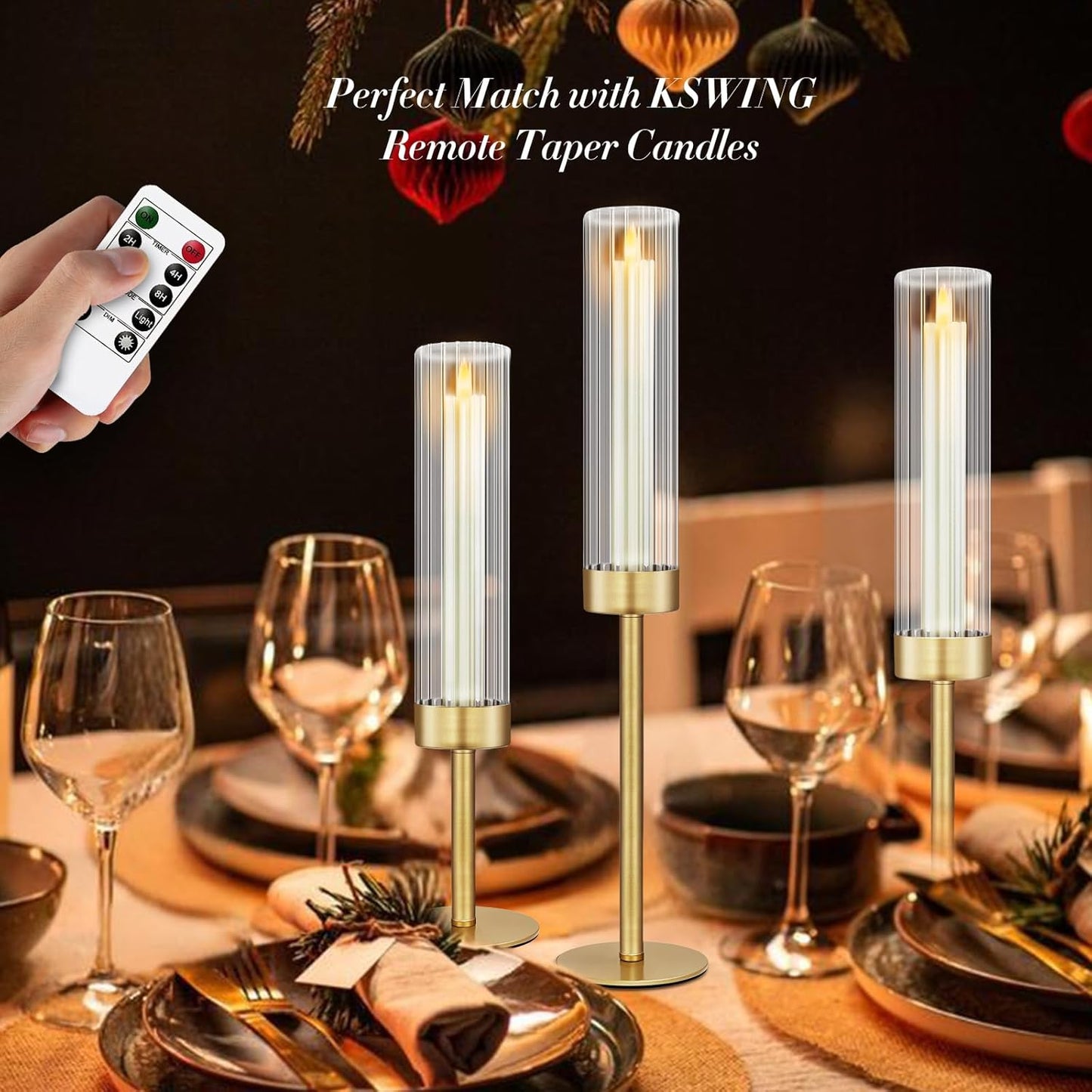 Glass Hurricane Candlestick Holders Gold, KSWING Set of 3 Taper Candle Holders Brass Tall Clear Candle Stand Holders, Perfect for Table Centerpiece Party Wedding Christmas Home Decor