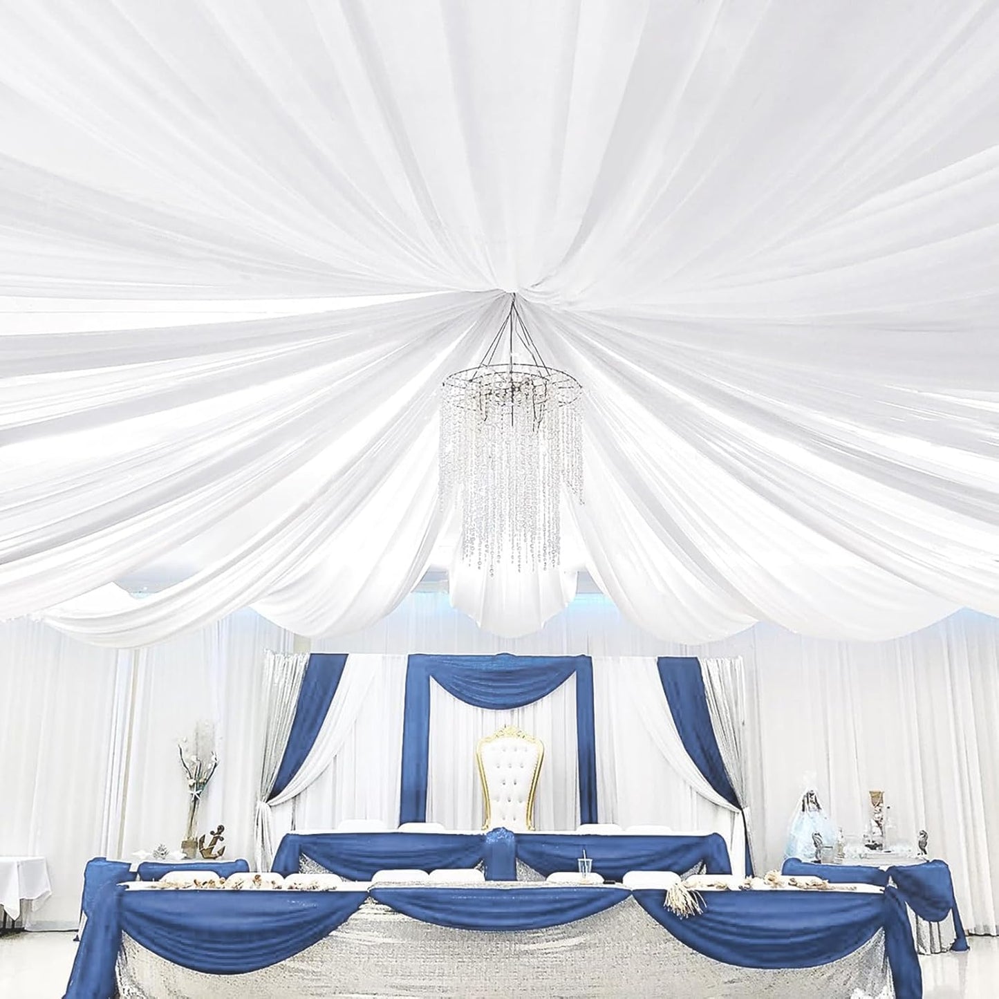 6 Panels White Ceiling Drapes for Wedding 5ftx20ft Sheer Drapery Chiffon Fabric Arch Draping Curtains for Party Ceremony Birthday Baby Shower Reception Stage Ceiling Decorations