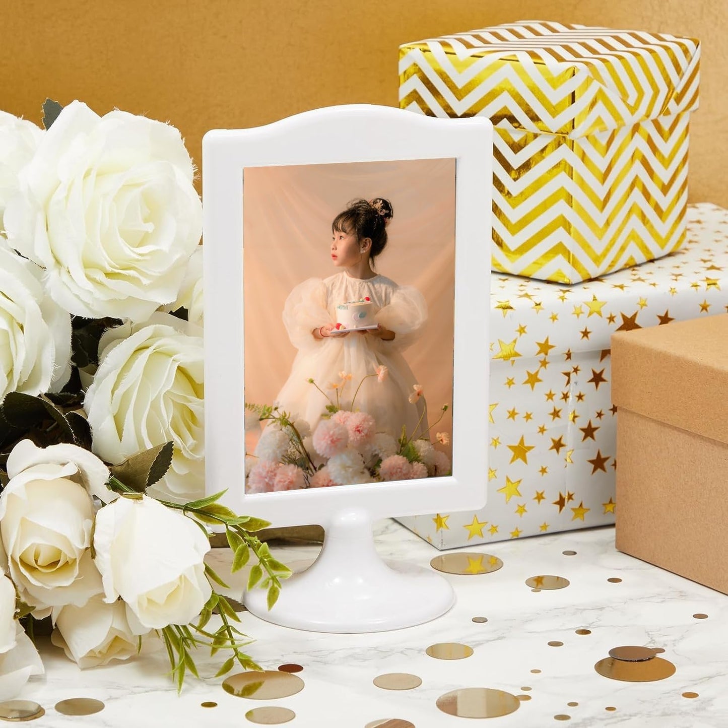 NahNah Double Sided Standing Picture Frames - (White, 10 Count) 4x6 Inch, Plastic Pedestal Photo Frame with Inserts and Base - 2 Sided Tabletop Vertical Display Frame for Wedding Table Bridal