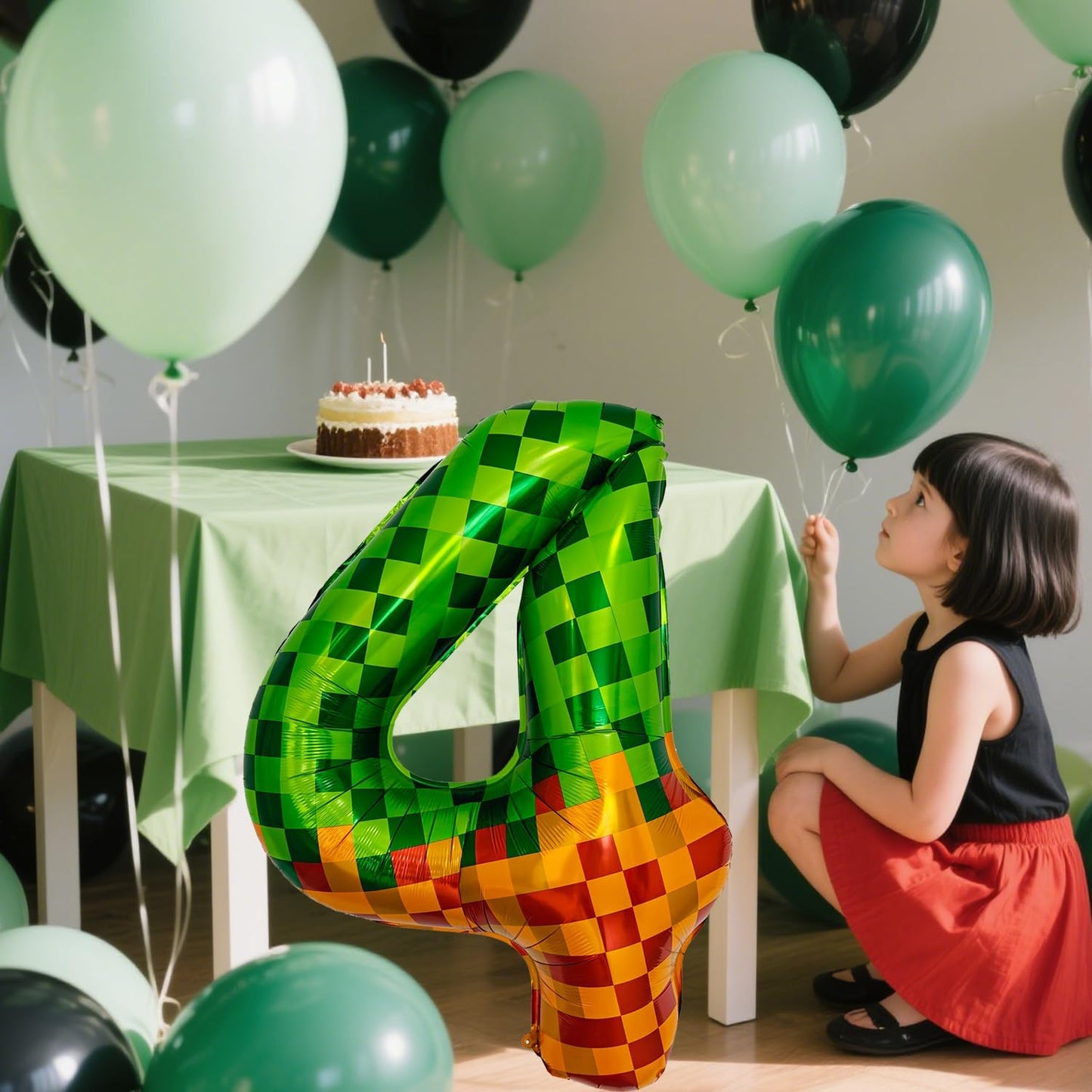 Pixel & TNT Theme 40in Giant Number Balloons - Foil Mylar Birthday Party Decorations for Kids Adults Cumpleaños, Block Style Pixel Art Shape Balloon Decor Supplies (Pixel, Number 4)